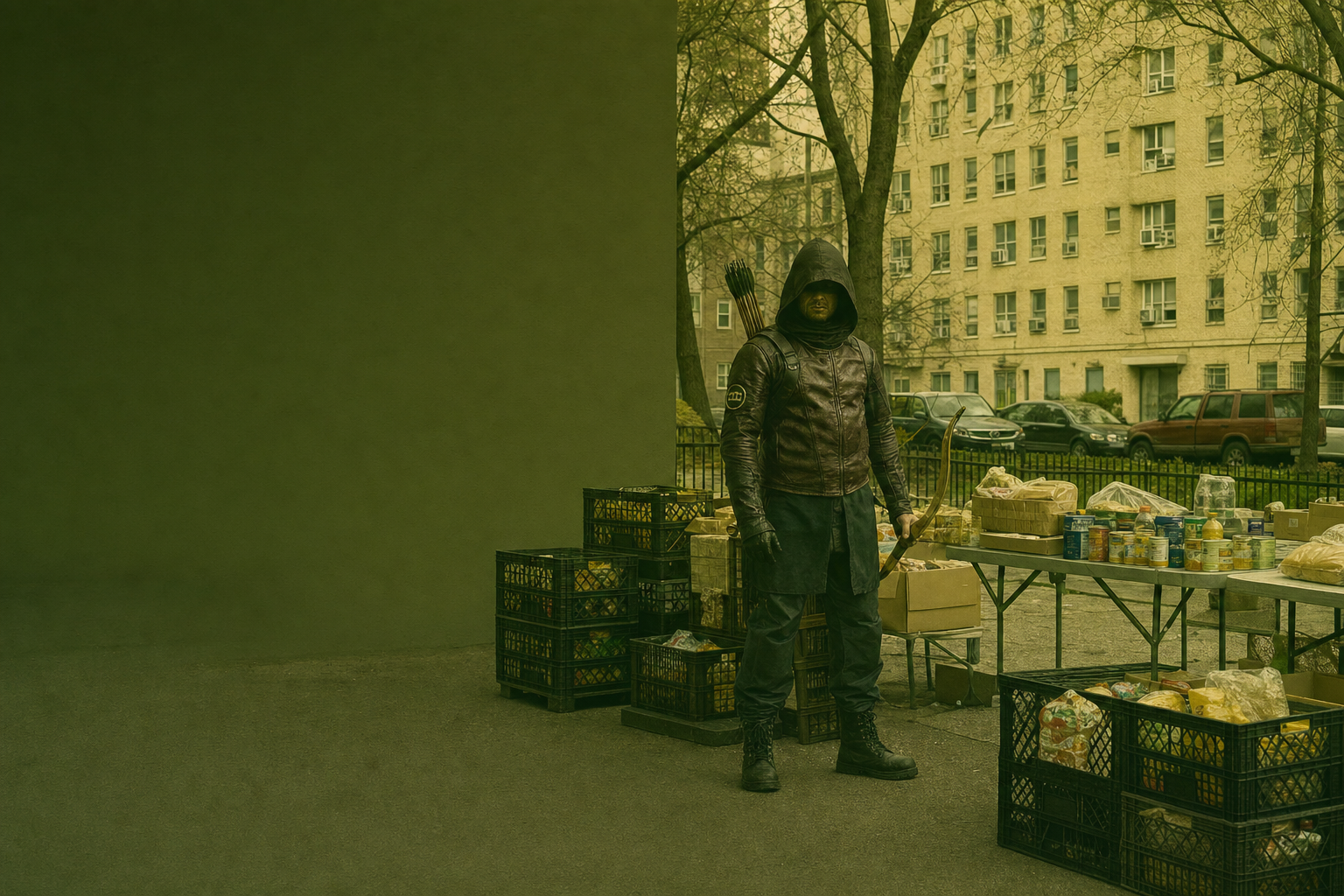 HoodOfRobin standing beside milk crates and folding tables of food supplies outside an apartment block